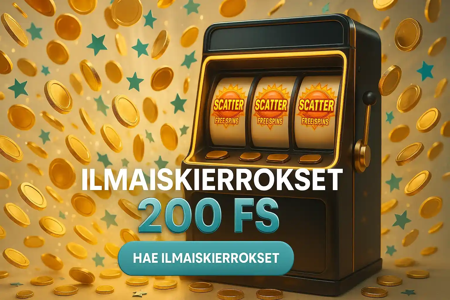 Suomalainen kasinobonukset-banneri, 3D-kolikkopeli, 200 ilmaiskierrosta ja kultakolikoita