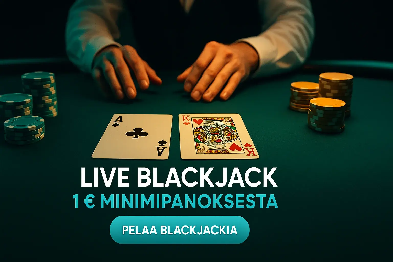 Fotorealistinen live blackjack -pöytä, ässä ja kuningas, pelimerkit ja jakaja