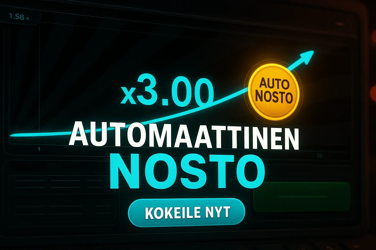 Fotorealistinen suomalainen kasinobanneri, Aviator-kerroingraafi ja automaattinen nosto x3.00