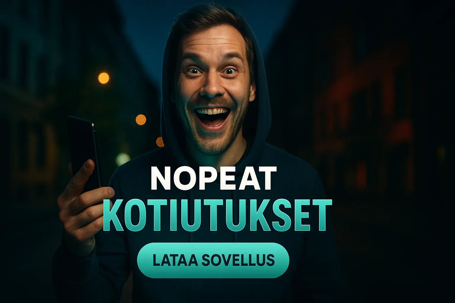 Fotorealistinen suomalainen kasinobanneri, mies hupparissa ja puhelin, nopeat kotiutukset