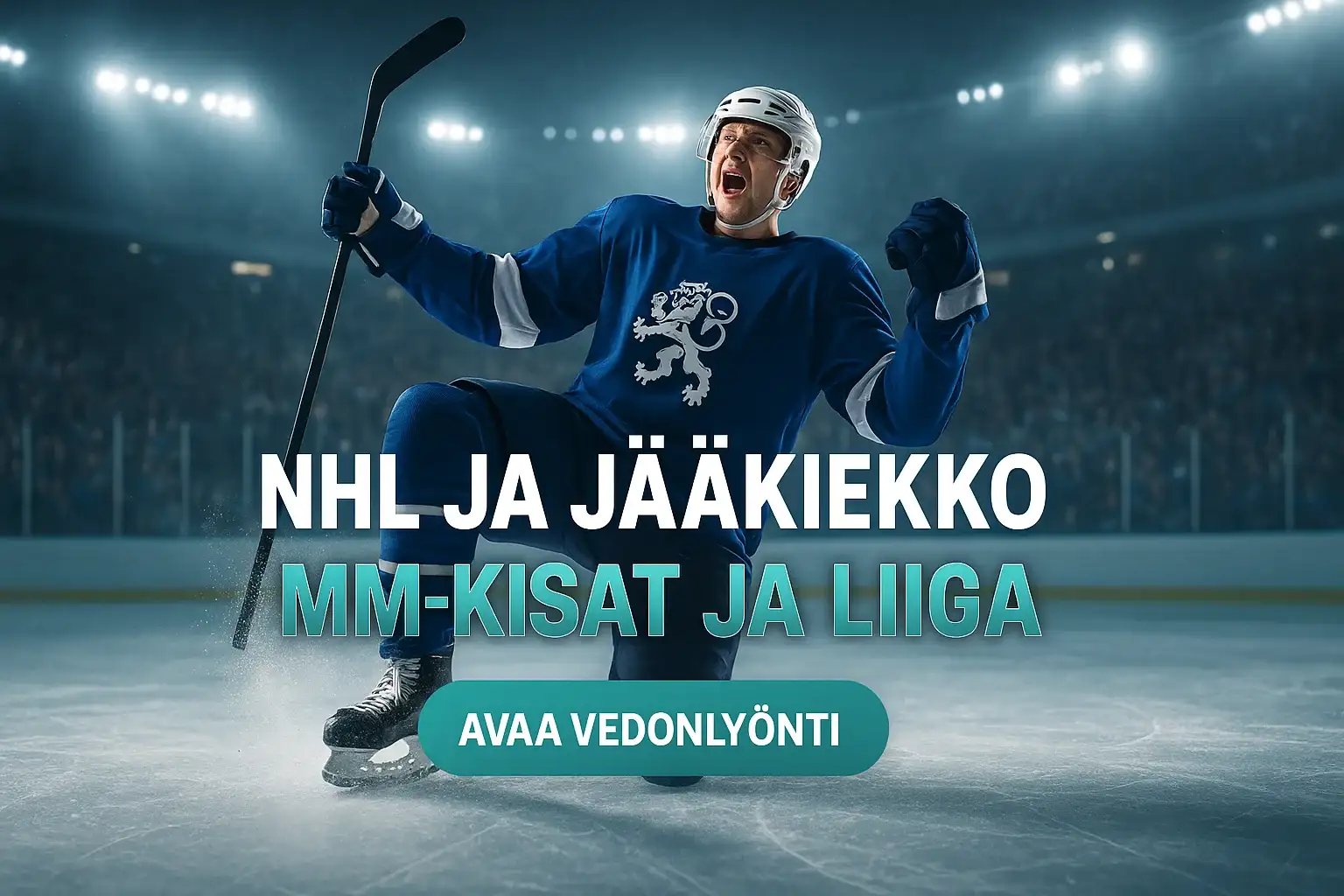 Suomalainen jääkiekkoilija juhlii maalia, vedonlyöntibanneri MM-kisat ja liiga